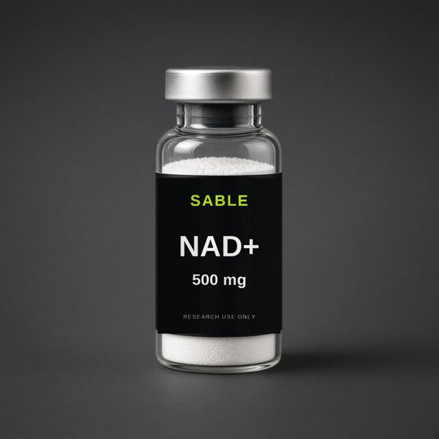NAD+, 500 mg. Sable Peptides label on a shared vial photograph. Not a separate lot.